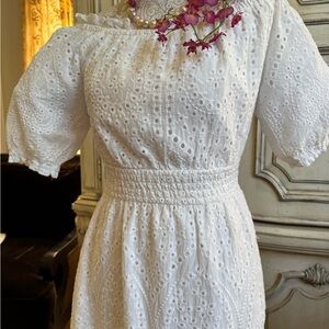 Betsey Johnson White Eyelet Dress Off Shoulder Smocked Size Medium ex condition